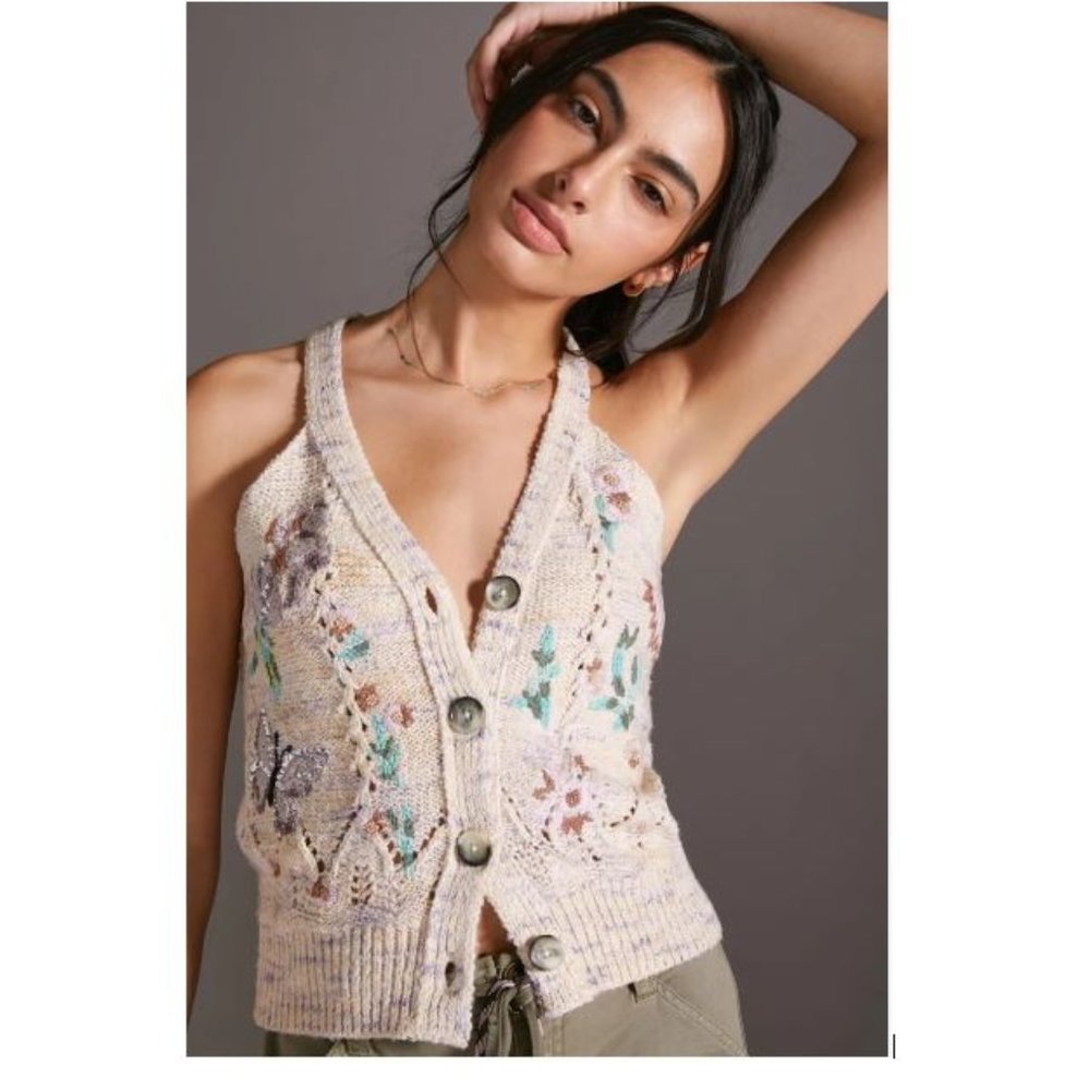 Anthropologie Gardenia Butterfly Button-Up Sweater Vest - Size Medium - NWT